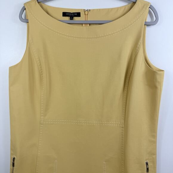 Lafayette 148 NY Yellow Boat Neck Sheath Dress Large Zipper Pockets Stretch - Picture 6 of 12